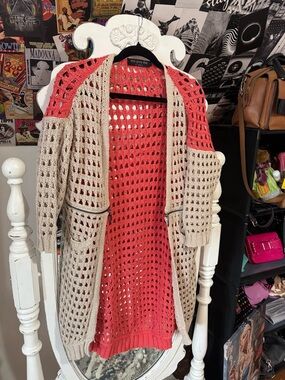 One Grey Day Open Crochet Cardigan - Coral and Beige